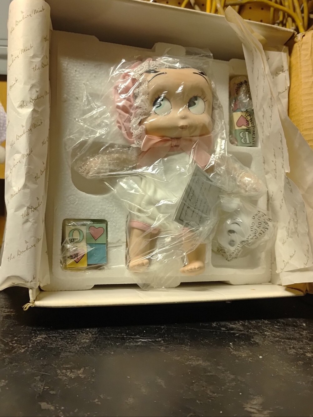 Danbury Mint Baby Boop Porcelain Doll in Pink and White Outfit with Toy Puppy